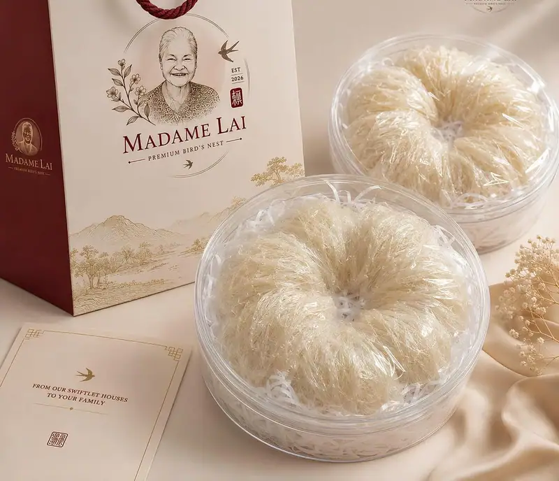 Opened Madame Lai gift with sealed trays of nest and a card