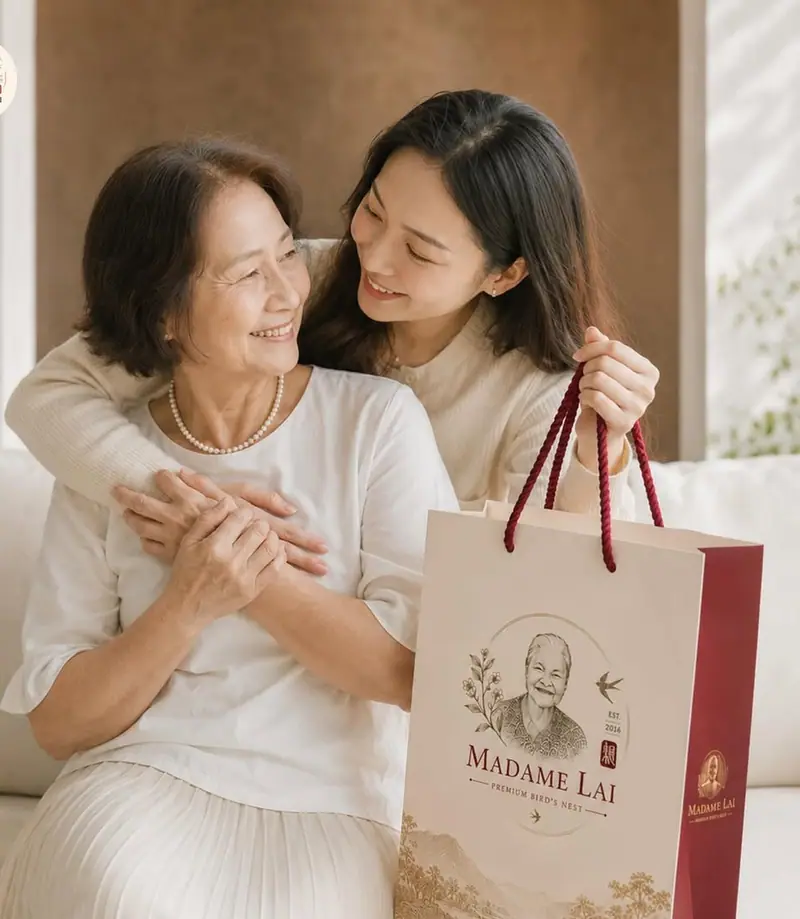 A daughter embracing her mother, holding a Madame Lai gift bag