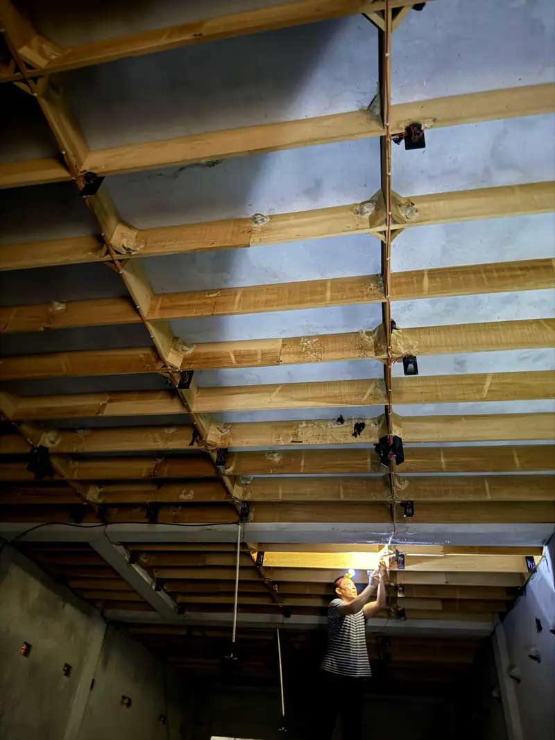 Harvester on a scaffold beneath the timber grid where swiftlets nest