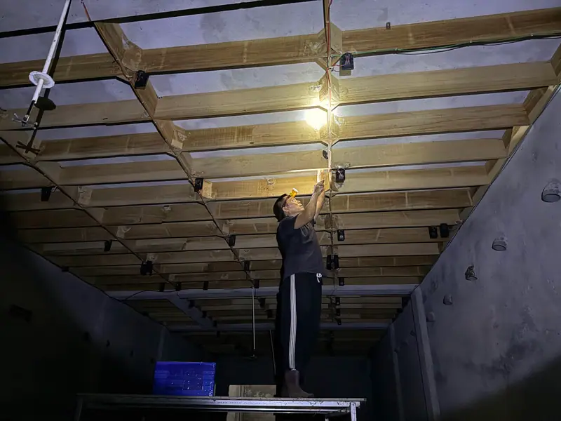 Harvester reaching up to the nesting grid under a single lamp